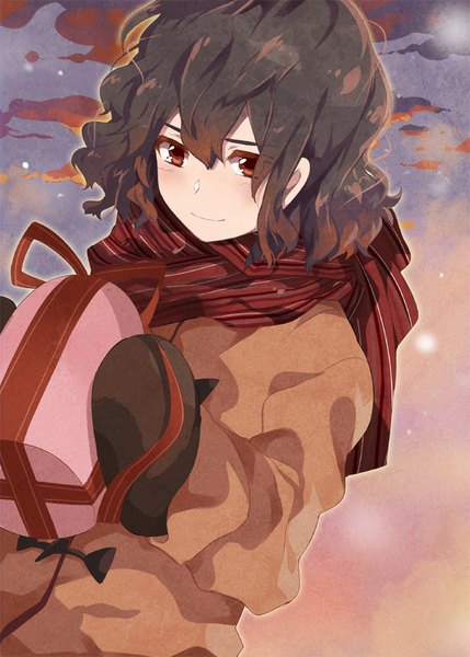 Anime picture 600x839 with inazuma eleven inazuma eleven go shindou takuto akishima kei single tall image blush short hair black hair smile red eyes sky cloud (clouds) evening looking down snowing sunset wavy hair boy scarf