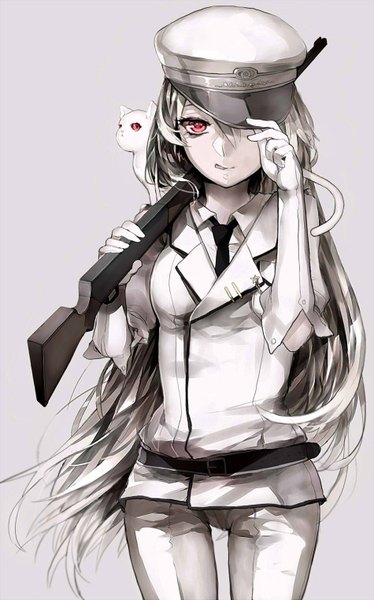 Anime picture 950x1524 with original ayatoki-1 single long hair tall image looking at viewer fringe breasts simple background red eyes standing holding silver hair grey background girl gloves uniform weapon animal necktie