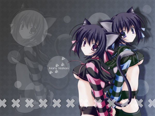 Anime picture 1280x960 with nanao naru multiple girls animal ears tail cat girl underboob twins black x pink girl ribbon (ribbons) 2 girls