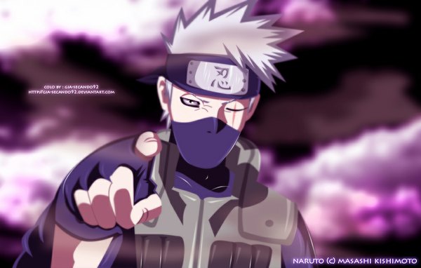 Anime picture 1000x637 with naruto studio pierrot naruto (series) hatake kakashi seireiart single short hair sky cloud (clouds) one eye closed grey hair wink black eyes inscription coloring scar pointing boy fingerless gloves mask