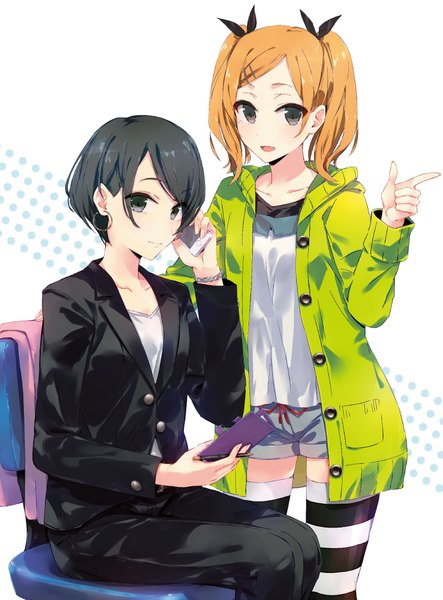 Anime picture 1676x2267 with shirobako p.a. works yano erika okitsu yuka ponkan eight long hair tall image short hair open mouth black hair blonde hair smile standing sitting twintails multiple girls grey eyes girl thighhighs hair ornament