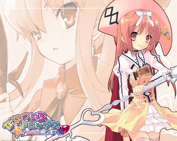 Anime picture 1280x1024 with nanatsuiro drops akihime sumomo yuuki nona prima aspallas prima puramu itou noiji long hair looking at viewer blush smile pink hair pink eyes copyright name double buttons girl bow hair bow buttons staff