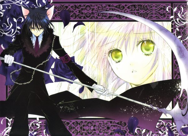 Anime picture 3461x2500 with shugo chara! hinamori amu tsukiyomi ikuto highres short hair animal ears blue hair pink hair absurdres cat ears couple tears girl boy weapon petals necktie fur scythe