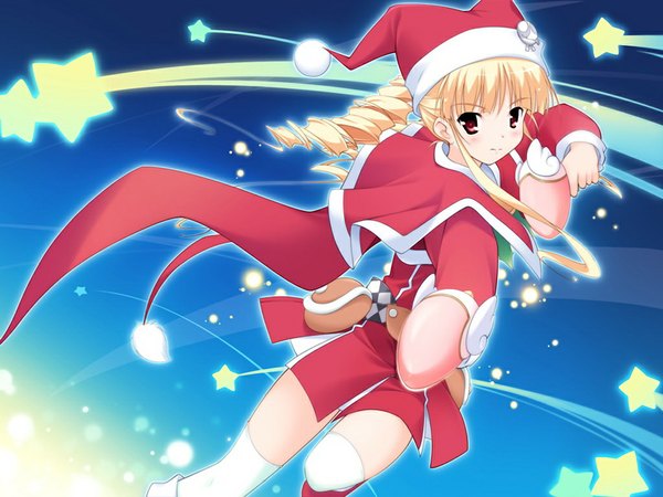 Anime picture 1024x768 with shirokuma bell stars tsukimori ririka blonde hair red eyes game cg girl santa claus costume