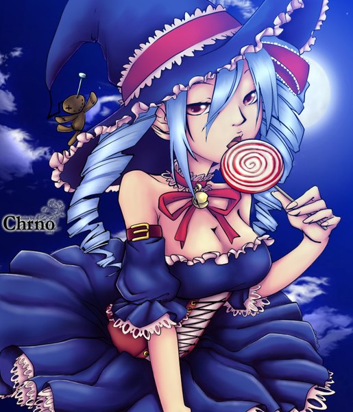 Anime picture 1500x1748 with lchrno single long hair tall image looking at viewer breasts red eyes bare shoulders blue hair halloween bell collar witch girl dress hat food sweets bell witch hat jingle bell