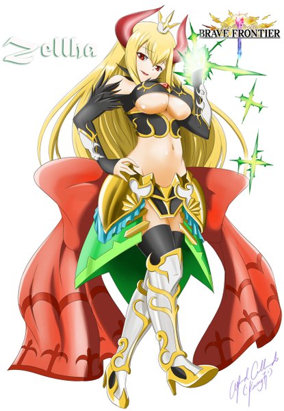 Anime picture 900x1300 with brave frontier (game) zellha kimmy77 single long hair tall image blush breasts light erotic simple background blonde hair smile red eyes large breasts white background parted lips horn (horns) inscription midriff high heels