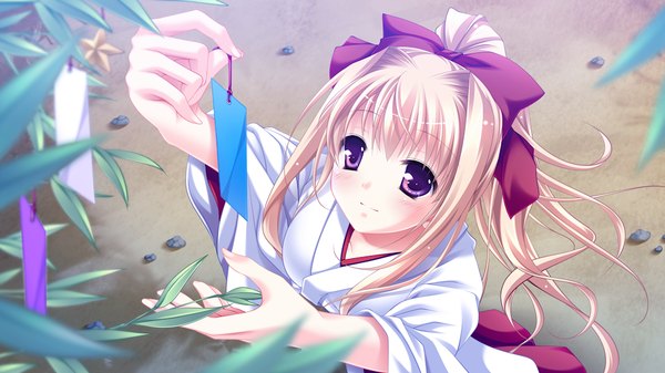 Anime picture 1024x576 with fortuna rhapsody long hair blonde hair red eyes wide image game cg miko tanabata girl bow hair bow
