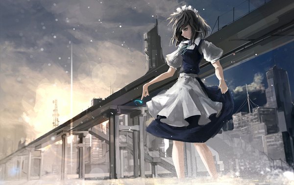 Anime picture 1064x671 with touhou izayoi sakuya arufa (hourai-sugar) single short hair cloud (clouds) grey hair sunlight maid grey eyes city magic girl headdress maid headdress sun bridge