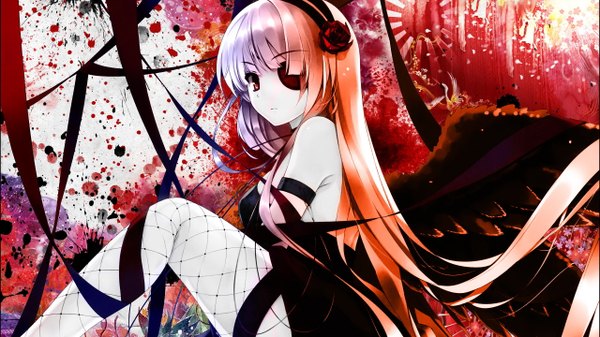 Anime picture 2560x1440 with original misaki kurehito snyp (r0pyns) single long hair fringe highres blonde hair red eyes wide image sitting very long hair hair flower pale skin black wings abstract girl dress hair ornament ribbon (ribbons)