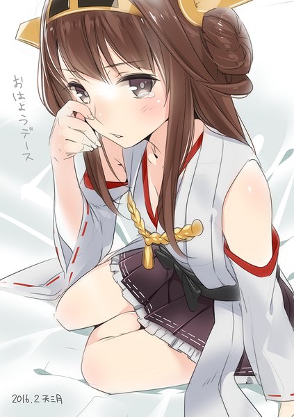Anime picture 776x1100 with kantai collection kongou battleship ama mitsuki single long hair tall image looking at viewer blush fringe brown hair sitting signed traditional clothes japanese clothes black eyes hair bun (hair buns) text dated nontraditional miko morning