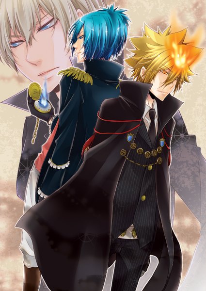 Anime picture 1000x1412 with katekyou hitman reborn vongola primo giotto daemon spade alaude (khr) hibaniki69 tall image fringe short hair blue eyes blonde hair hair between eyes looking away parted lips aqua eyes aqua hair multiple boys orange eyes clothes on shoulders back to back boy