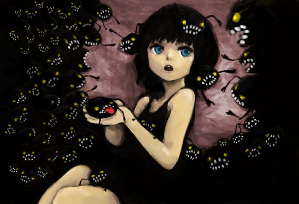 Anime picture 1000x684 with original yami shoujo morina nao single short hair breasts open mouth blue eyes black hair sitting holding looking away grey background flat chest girl dress black dress short dress