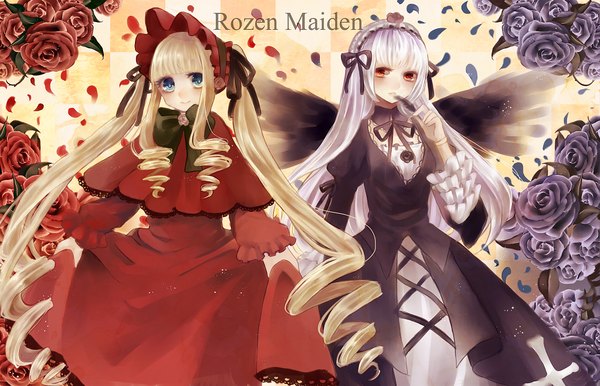 Anime picture 2330x1500 with rozen maiden suigintou shinku long hair looking at viewer highres blue eyes blonde hair red eyes twintails multiple girls white hair copyright name drill hair lolita fashion girl dress flower (flowers) 2 girls frills