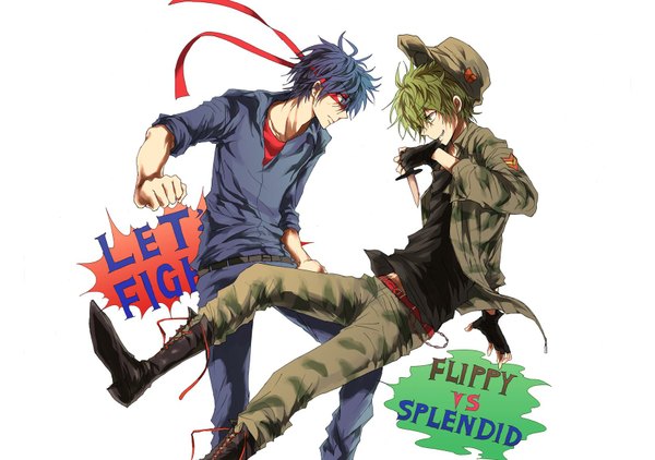 Anime picture 1654x1166 with happy tree friends flippy splendid (htf) short hair simple background white background blue hair green hair battle personification boy gloves uniform weapon hat jacket fingerless gloves pants mask military uniform