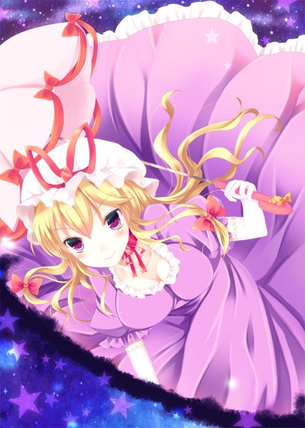 Anime picture 750x1050 with touhou yakumo yukari ajiriko single long hair tall image blush blonde hair smile purple eyes girl dress gloves bow elbow gloves star (symbol) star (stars) umbrella bonnet