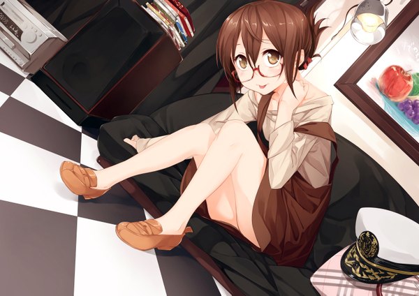 Anime picture 1500x1061 with kantai collection inazuma destroyer looking at viewer short hair brown hair sitting brown eyes :p girl dress glasses shoes tongue speakers