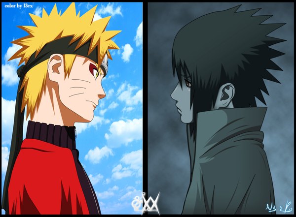 Anime picture 1892x1392 with naruto studio pierrot naruto (series) uzumaki naruto uchiha sasuke n3eko123 highres short hair black hair blonde hair yellow eyes sky cloud (clouds) profile coloring facial mark multiview whisker markings jinchuriki boy