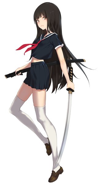 Anime picture 833x1547 with original natsuhara single long hair tall image looking at viewer blush fringe black hair simple background standing white background holding brown eyes bent knee (knees) pleated skirt zettai ryouiki standing on one leg girl thighhighs