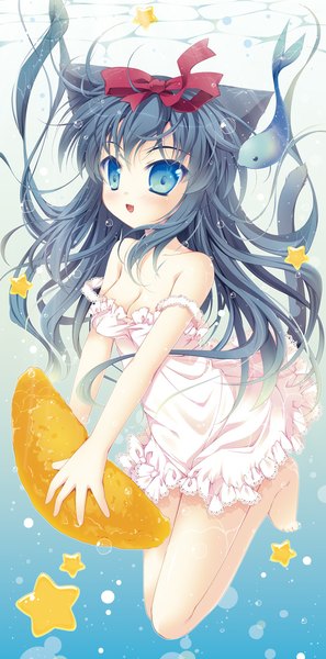 Anime picture 582x1175 with original suihi single long hair tall image open mouth blue eyes black hair animal ears tail animal tail cat ears cat girl cat tail underwater girl dress bow hair bow animal