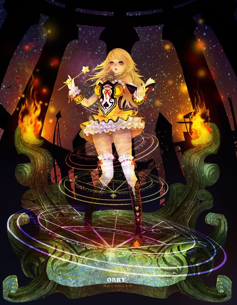 Anime picture 1500x1932 with original orry single long hair tall image blonde hair orange eyes magic girl thighhighs dress white thighhighs star (symbol) book (books) star (stars) magic circle wand