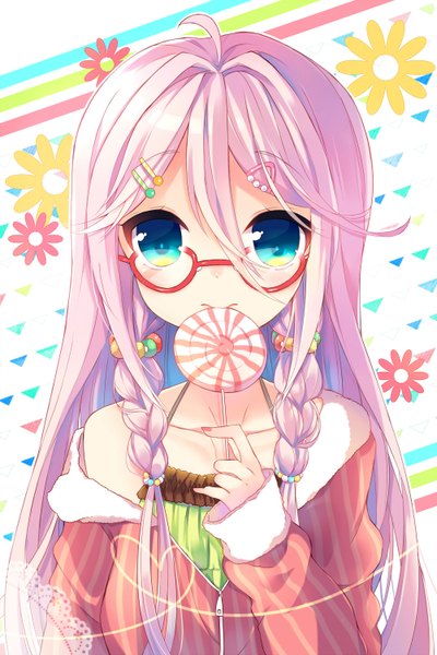 Anime picture 1002x1500 with vocaloid ia (vocaloid) ikari (aor3507) single long hair tall image looking at viewer blush blue eyes bare shoulders pink hair ahoge braid (braids) nail polish partially open clothes heart of string girl hair ornament flower (flowers) glasses