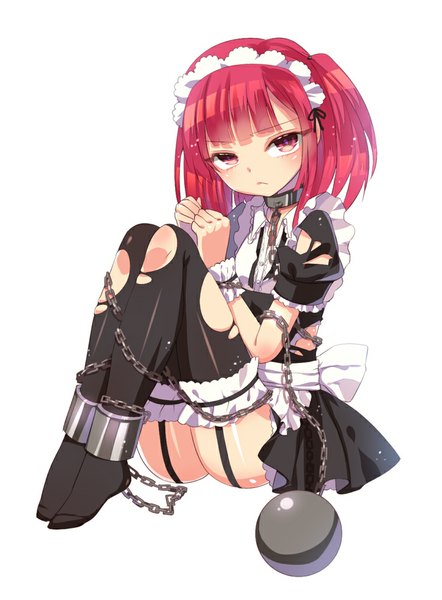 Anime picture 737x1000 with magi the labyrinth of magic a-1 pictures morgiana mvv single tall image short hair light erotic simple background red eyes white background red hair maid torn clothes girl thighhighs black thighhighs headdress maid headdress chain