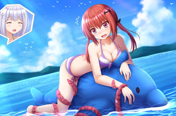 Anime picture 1920x1273 with gabriel dropout doga kobo satanichia kurumizawa mcdowell shiraha raphiel ainsworth kazenokaze long hair blush fringe highres breasts open mouth light erotic hair between eyes large breasts twintails multiple girls sky cleavage silver hair cloud (clouds)