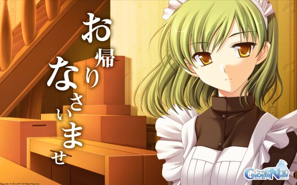 Anime picture 1680x1050 with concerto note (game) yuzuki sayori short hair wide image yellow eyes green hair maid girl