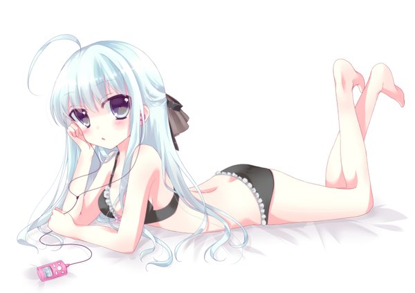Anime picture 3507x2480 with original hoshi (snacherubi) single long hair looking at viewer blush highres blue eyes light erotic simple background white background blue hair absurdres ahoge arm support legs underwear only back on stomach half updo