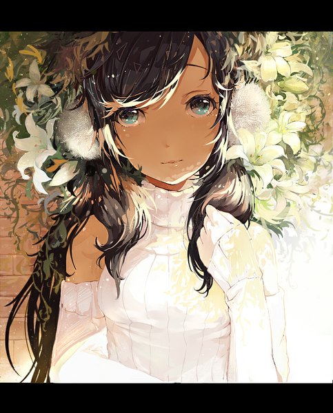 Anime picture 725x900 with original kokage no shita single long hair tall image looking at viewer blue eyes brown hair hair flower light smile sunlight letterboxed close-up sunbeam girl hair ornament flower (flowers) detached sleeves wall lily (flower)