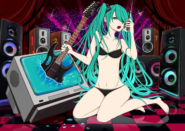 Anime picture 1753x1240 with vocaloid hatsune miku sssbendan (artist) single highres open mouth light erotic twintails green eyes very long hair barefoot green hair underwear only girl navel underwear panties microphone guitar speakers