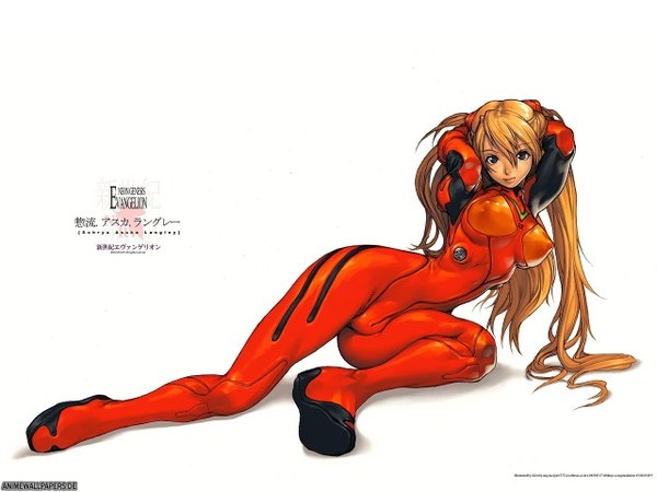 Anime picture 1280x960 with neon genesis evangelion gainax soryu asuka langley kim hyung tae single long hair looking at viewer light erotic blonde hair white background black eyes inscription erect nipples text covered nipples arms behind head reclining hands on head girl hair ornament