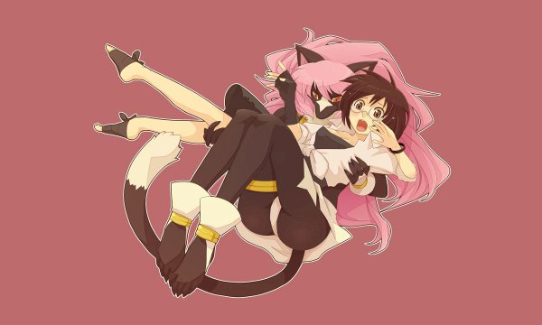 Anime picture 1200x720 with king of thorn kasumi (king of thorn) yow short hair simple background brown hair wide image animal ears pink hair tail barefoot wallpaper girl bandage (bandages) monster