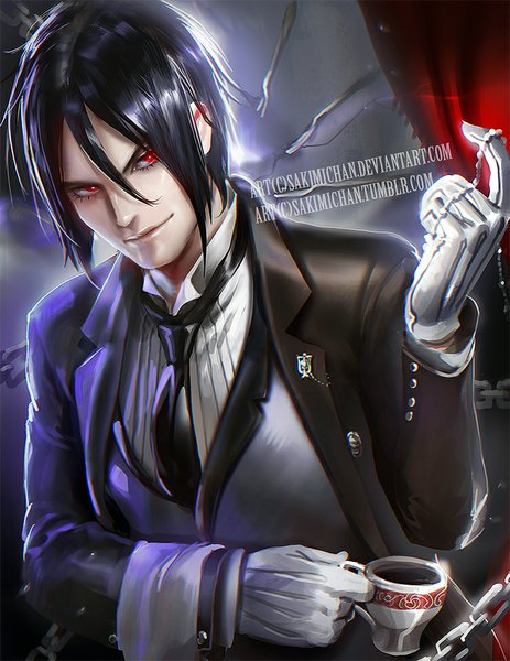 Anime picture 695x900 with kuroshitsuji a-1 pictures sebastian michaelis sakimichan single tall image short hair black hair smile red eyes signed looking away realistic watermark butler boy gloves necktie white gloves chain