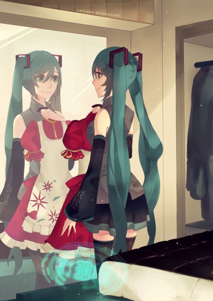 Anime picture 3507x4960 with vocaloid hatsune miku persona92 (orichie) single tall image highres blue eyes smile twintails blue hair looking away absurdres very long hair girl dress skirt gloves mirror