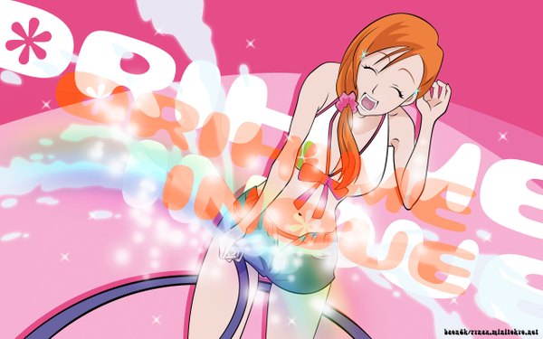 Anime picture 1280x800 with bleach studio pierrot inoue orihime wide image eyes closed orange hair girl water bikini top splashes