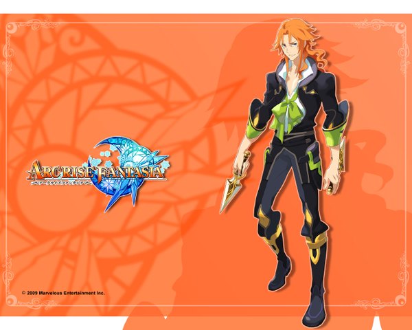 Anime picture 1280x1024 with arc rise fantasia single long hair simple background standing purple eyes orange hair inscription boy weapon boots dagger
