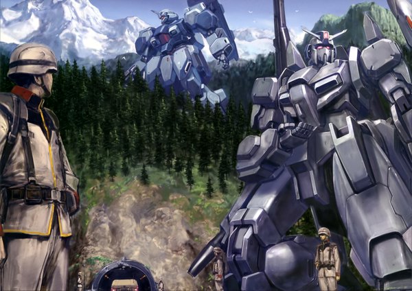 Anime picture 3030x2142 with mobile suit gundam gundam unicorn sunrise (studio) zeta plus highres absurdres mountain soldier uniform weapon plant (plants) tree (trees) military uniform ground vehicle forest car mecha