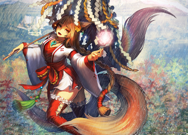 Anime picture 1670x1200 with original noixen single looking at viewer fringe open mouth light erotic brown hair standing holding animal ears yellow eyes bent knee (knees) tail braid (braids) long sleeves very long hair traditional clothes japanese clothes animal tail