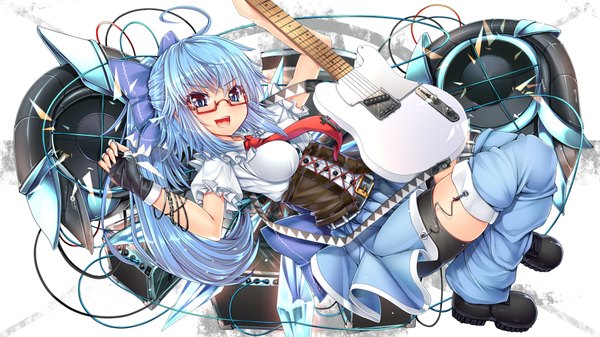 Anime picture 1920x1079 with touhou cirno kantarou (nurumayutei) single long hair blush highres open mouth blue eyes wide image blue hair alternate hairstyle bespectacled alternate hair length alternate breast size girl thighhighs dress bow hair bow