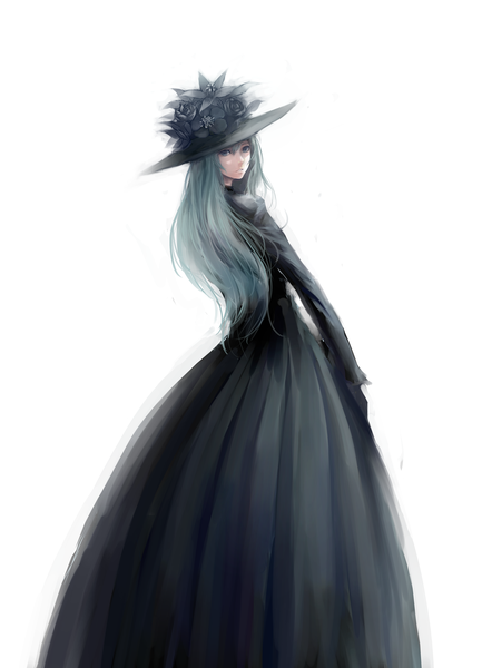 Anime picture 1764x2444 with original jittsu single long hair tall image highres open mouth blue eyes simple background standing white background looking back aqua hair teeth girl dress flower (flowers) hat headdress black dress