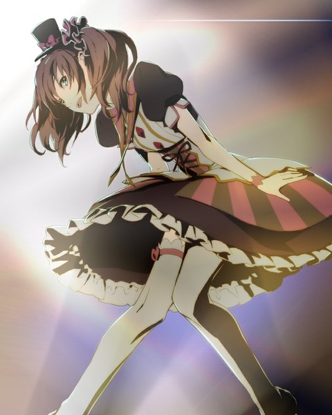 Anime picture 800x1000 with idolmaster idolmaster side-m mizushima saki egawa satsuki single long hair tall image open mouth brown hair green eyes looking away bent knee (knees) from below zettai ryouiki happy otoko no ko knees touching thighhighs dress boy