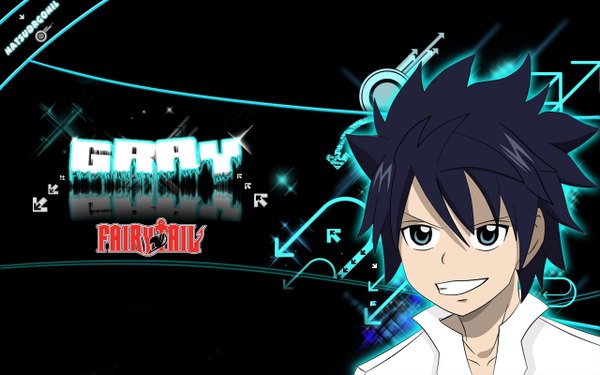 Anime picture 1280x800 with fairy tail gray fullbuster natsudrgonil single short hair blue eyes black hair smile wide image inscription coloring boy shirt directional arrow