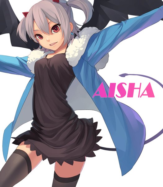 Anime picture 1500x1714 with original aisha (fkey) fkey single tall image short hair open mouth simple background red eyes white background horn (horns) grey hair open clothes open jacket thighhighs dress black thighhighs earrings wings