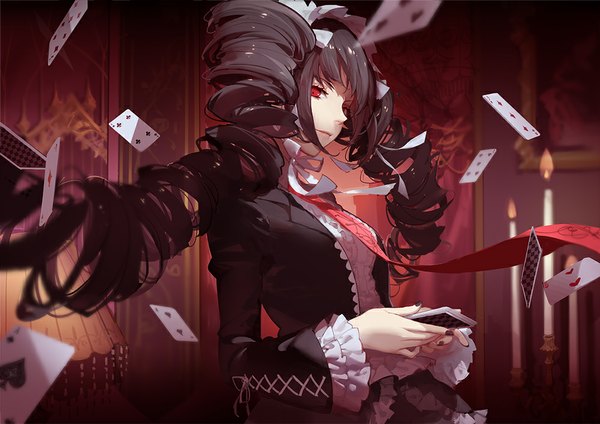 Anime picture 1000x707 with dangan ronpa celestia ludenberg ask (askzy) single looking at viewer black hair red eyes twintails indoors very long hair nail polish depth of field drill hair lolita fashion black nail polish goth-loli girl dress necktie lamp