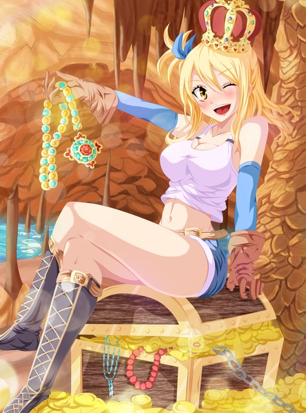 Anime picture 3000x4050 with fairy tail lucy heartfilia kvequiso single long hair tall image blush highres open mouth light erotic blonde hair smile yellow eyes midriff one side up crossed legs coloring girl gloves navel