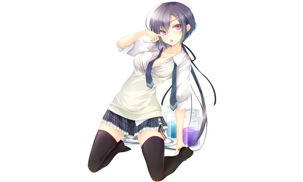 Anime picture 1000x600 with original luna lia single long hair looking at viewer black hair simple background wide image white background pink eyes :p girl skirt uniform school uniform miniskirt shirt