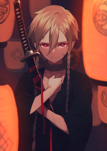 Anime picture 868x1227 with original tayuya1130 single long hair tall image looking at viewer red eyes brown hair standing holding braid (braids) traditional clothes japanese clothes twin braids scar sheathed boy ribbon (ribbons) weapon sword