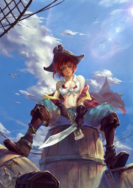 Anime picture 2480x3508 with league of legends gangplank (league of legends) 32106fu single tall image looking at viewer fringe highres short hair breasts blue eyes light erotic sky cloud (clouds) red hair from below spread legs genderswap pirate girl