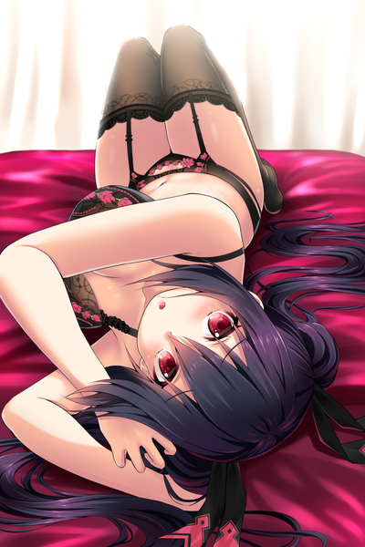 Anime picture 800x1200 with choujigen game neptune noire oekakizuki single long hair tall image looking at viewer blush fringe breasts light erotic hair between eyes red eyes large breasts twintails payot purple hair full body bent knee (knees) lying